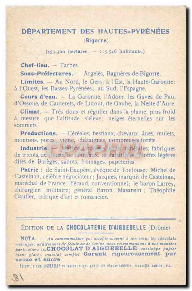 Hautes-Pyrénées — Karte der Departements — Ausgabe der Chocolaterie d'Aiguebelle — Rückseite