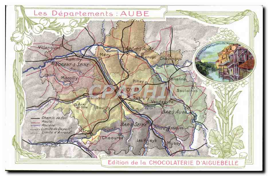 CPA Carte Geographique Chocolaterie d'Aiguebelle Departement Aube Troyes