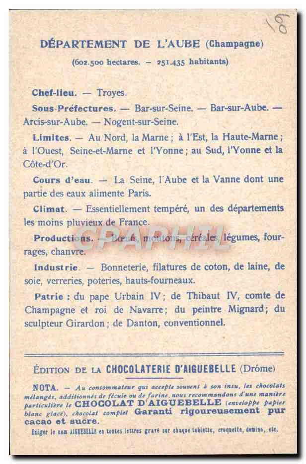 CPA Carte Geographique Chocolaterie d'Aiguebelle Departement Aube Troyes — Rückseite