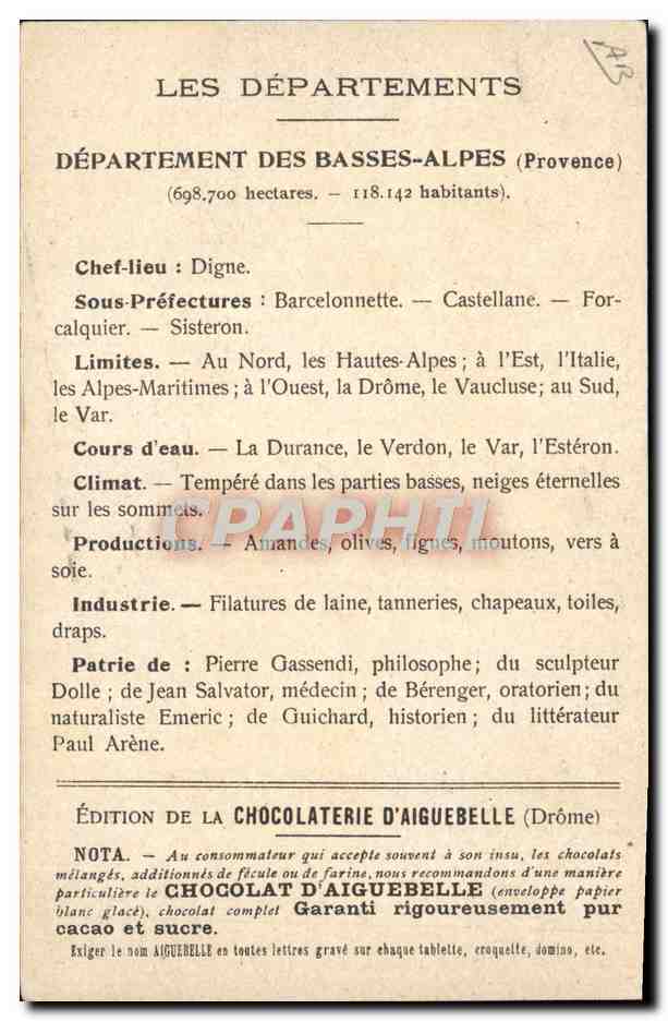 CPA Carte Geographique Chocolaterie d'Aiguebelle Departement Basses Alpes Sisteron — Rückseite