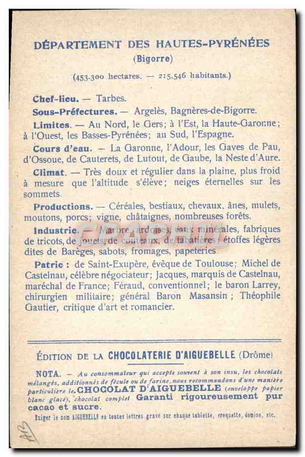 CPA Carte Geographique Chocolaterie d'Aiguebelle Departement Hautes Pyrenees Cascade du Limacon Route de Cauterets — Rückseite