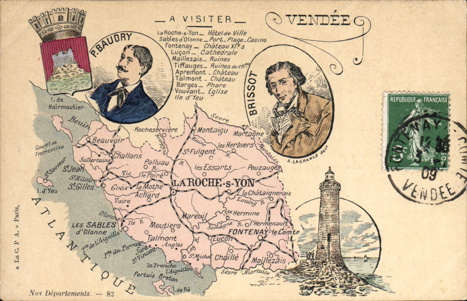 Vendée — Carte postale touristique avec carte et portraits — P. Baudry & Brissot — La C.P.A. Paris