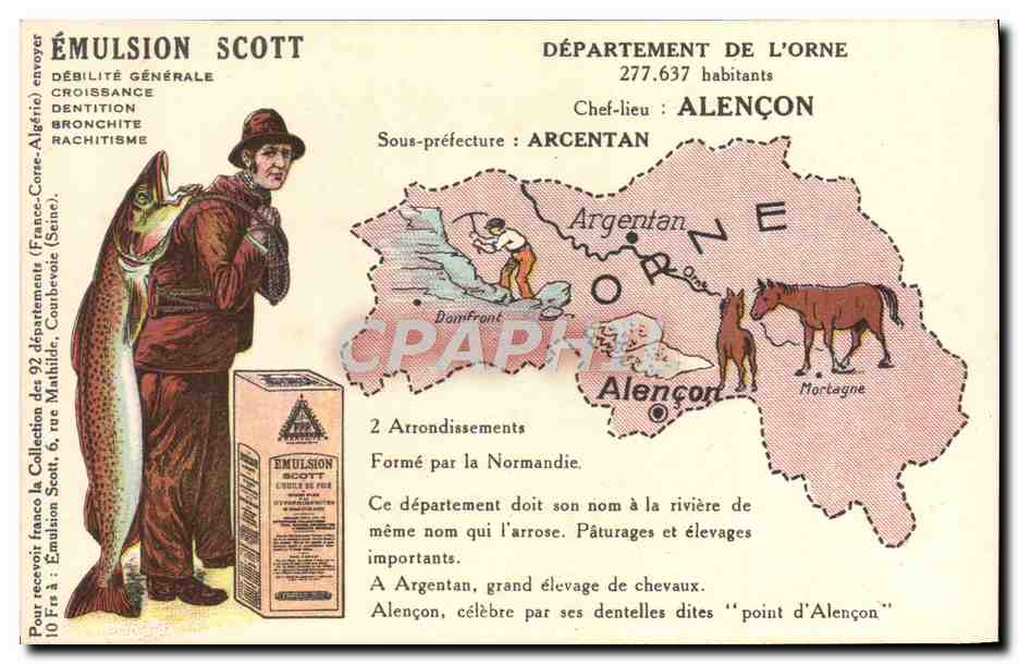 Département de l'Orne — Carte publicitaire pour l'Émulsion Scott — Éditeur : Collection Scott
