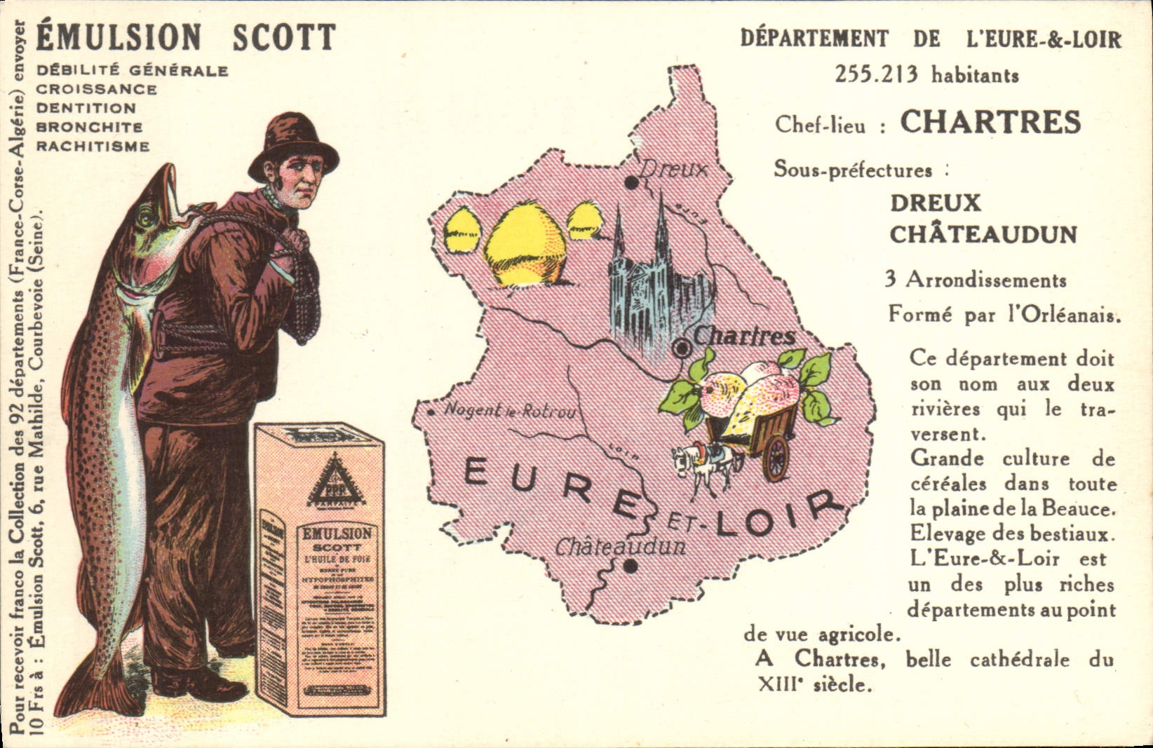 Département de l'Eure-et-Loir — Carte postale publicitaire pour l'Emulsion Scott — Éditeur : Collection Scott, 6, rue Mahilde (France-Côte-Algérie)