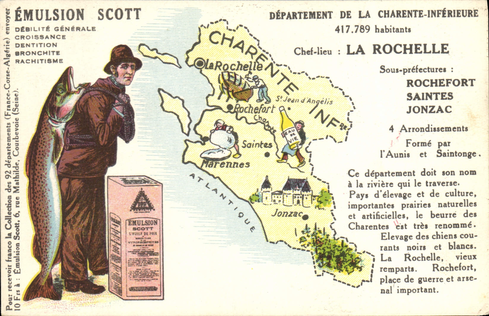 Département de la Charente-Inférieure — carte publicitaire pour l'Emulsion Scott — éditeur non visible
