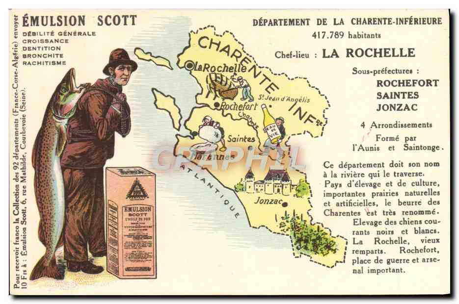 Département de la Charente-Inférieure — carte publicitaire pour l'Émulsion Scott — éditeur non visible