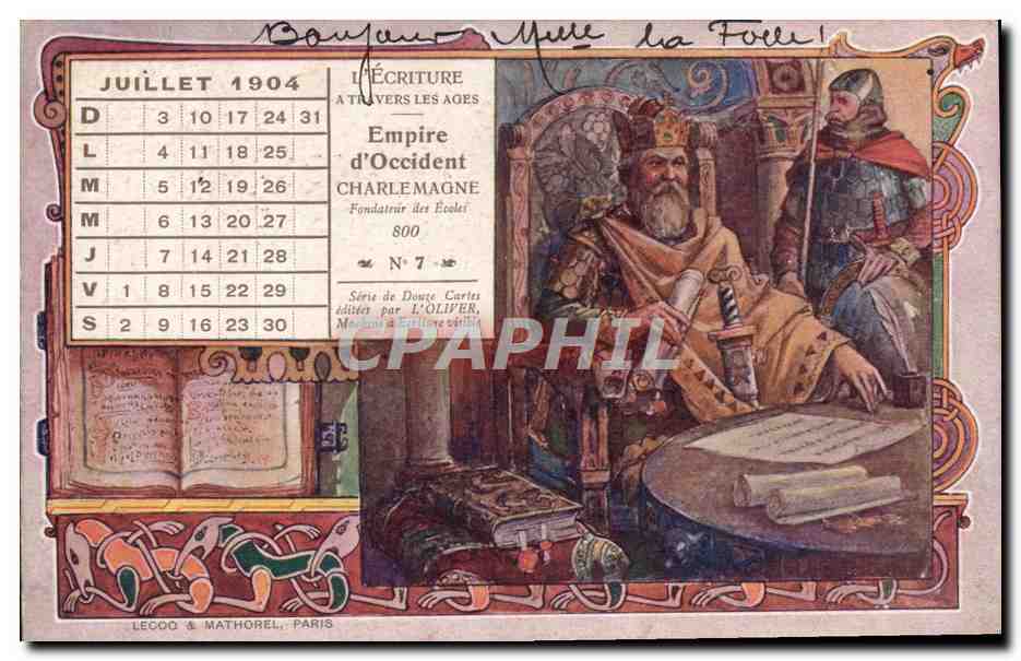 Empire d'Occident — Charlemagne fondateur des Écoles — Série Douze Cartes, N° 7 — éditée par L'OLIVER, Paris