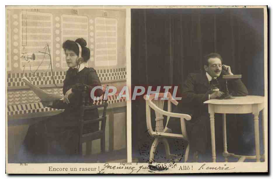 Scène de téléphone — 'Encore un raseur !' et 'Allô ! Homme !' — P. L. (éditeur ?)