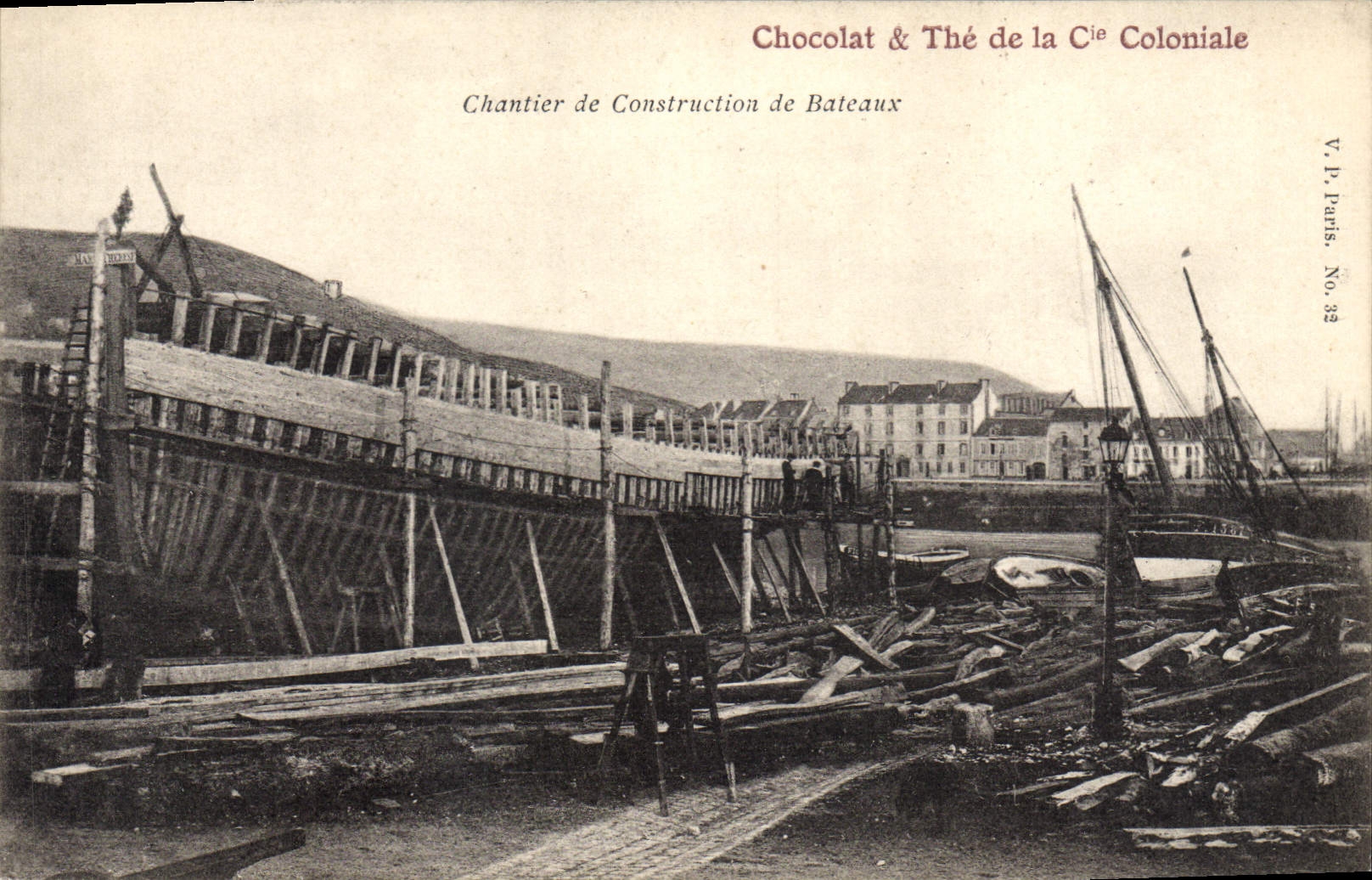 Astillero de construcción de barcos — Chocolate & Té de la Compañía Colonial — V.P. París, n.º 33 - Anverso