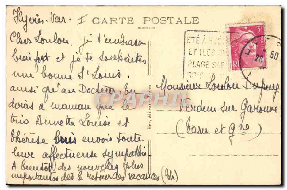 Hyères-les-Palmiers — Effet de soleil sur la mer à la Plage — Au fond les Îles d'Or — Éditeur F. Hue, n° 195 — Reverso