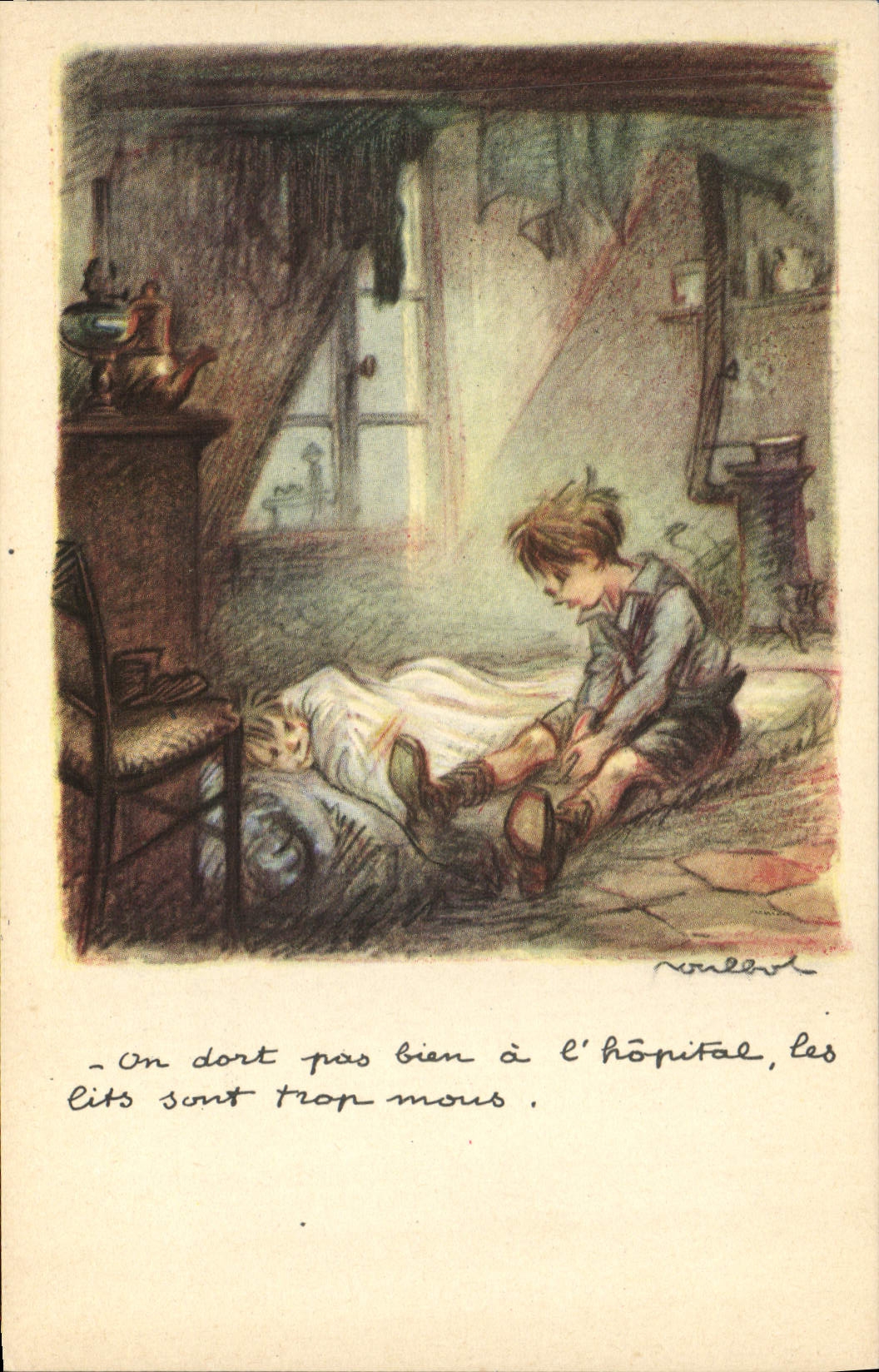Enfant à l'hôpital — illustration de N. Rabel — Ligue Nationale Contre le Taudis