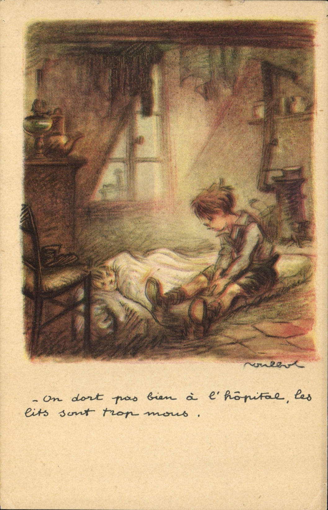 Enfants à l'hôpital — On dort pas bien à l'hôpital, les lits sont trop mous — éditeur : Ligue Nationale Contre le Taudis
