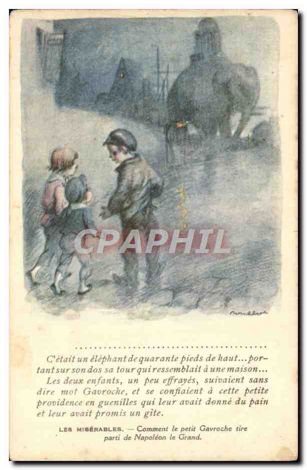 CPA Illustrateur Poulbot Victor Hugo Les Miserables Gavroche Elephant