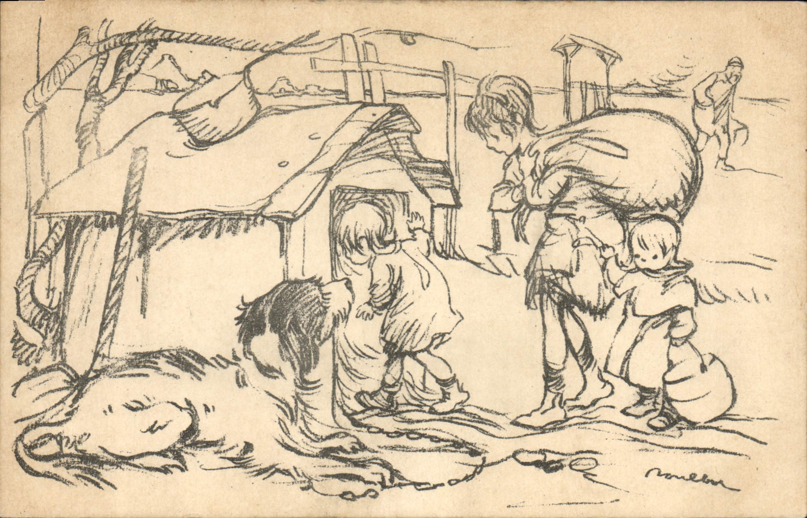 Scène de vie rustique — dessin de Porel — Journée Française du Secours National