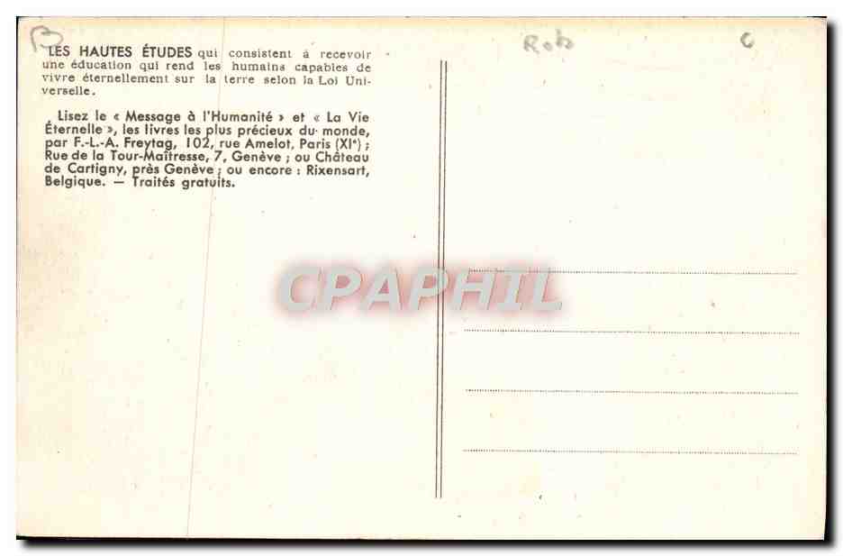 Salle d'école où l'on apprend la Loi Universelle — éditeur non identifié, n° de série non visible — Achterkant