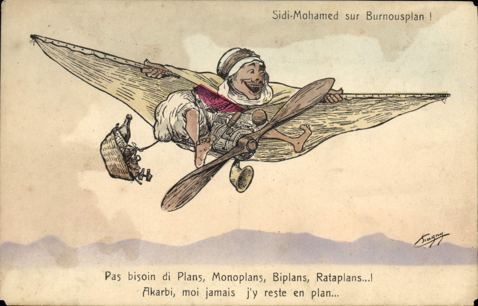 CPA Fantaisie Illustrateur Afrique du Nord Sidi Mohame sur Burnousplan avion
