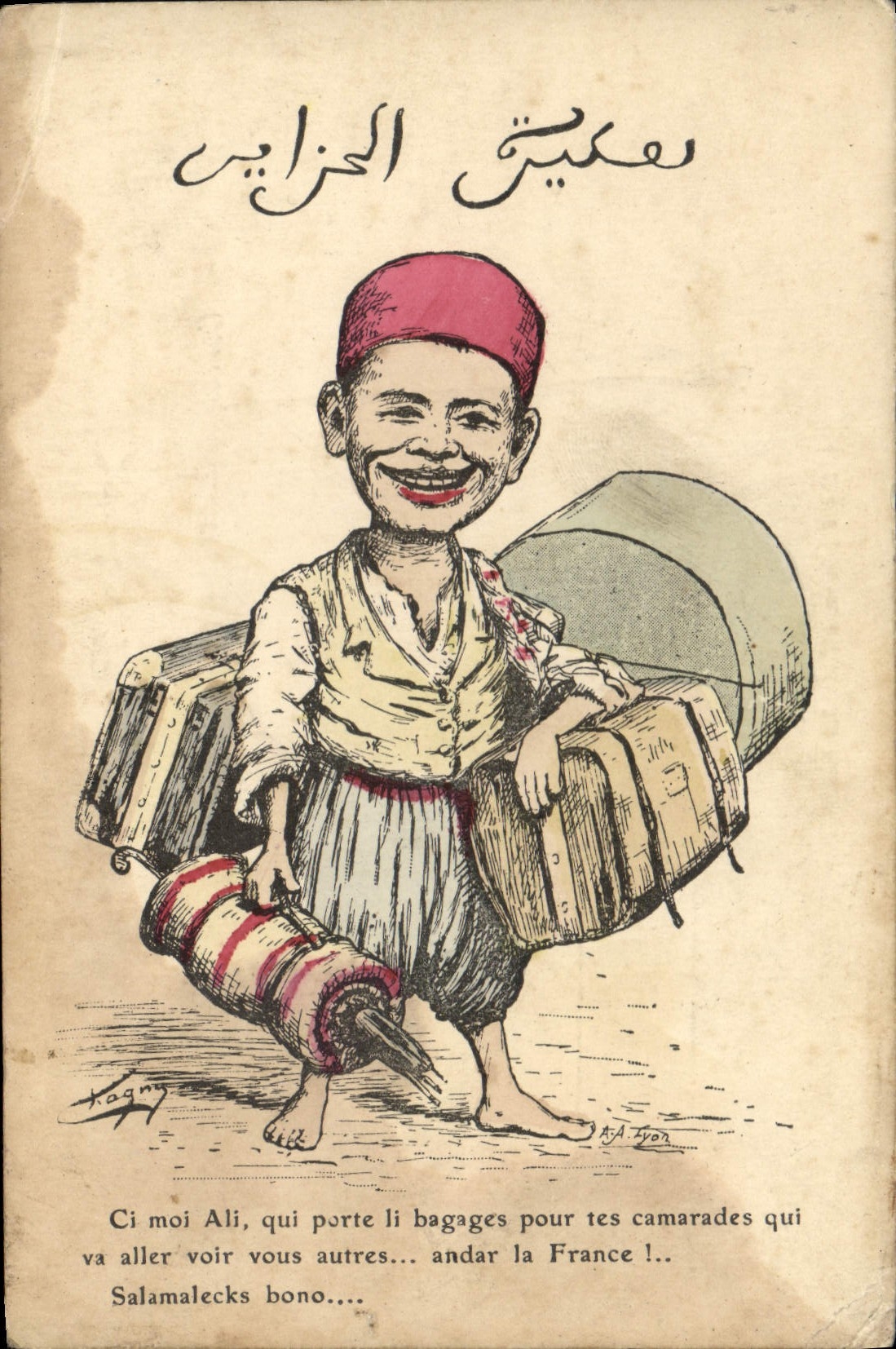Ali le voyageur — caricature d'un jeune garçon portant des bagages — dessin de Chagny