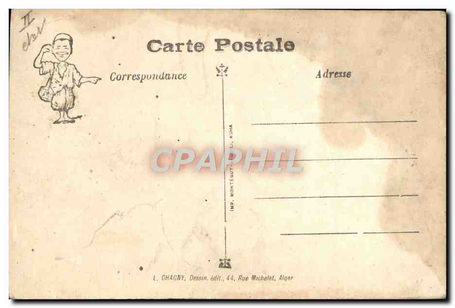 Ali le voyageur — caricature d'un jeune garçon portant des bagages — dessin de Chagny — Verso