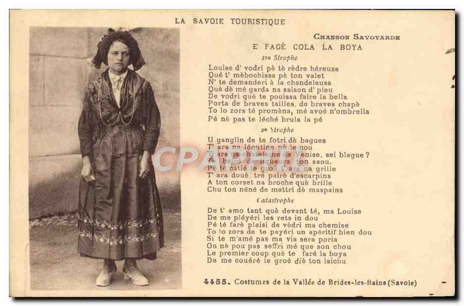 Femme en costume savoyard — Chanson Savoyarde 'E FAGÈ COLA LA BOYA' — La Savoie Touristique, n°4455