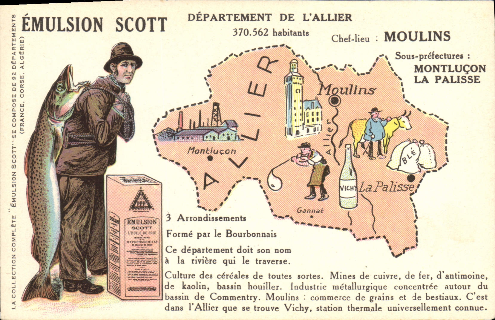 Département de l'Allier — Carte illustrée avec carte géographique et illustration d'un pêcheur — Émulsion Scott