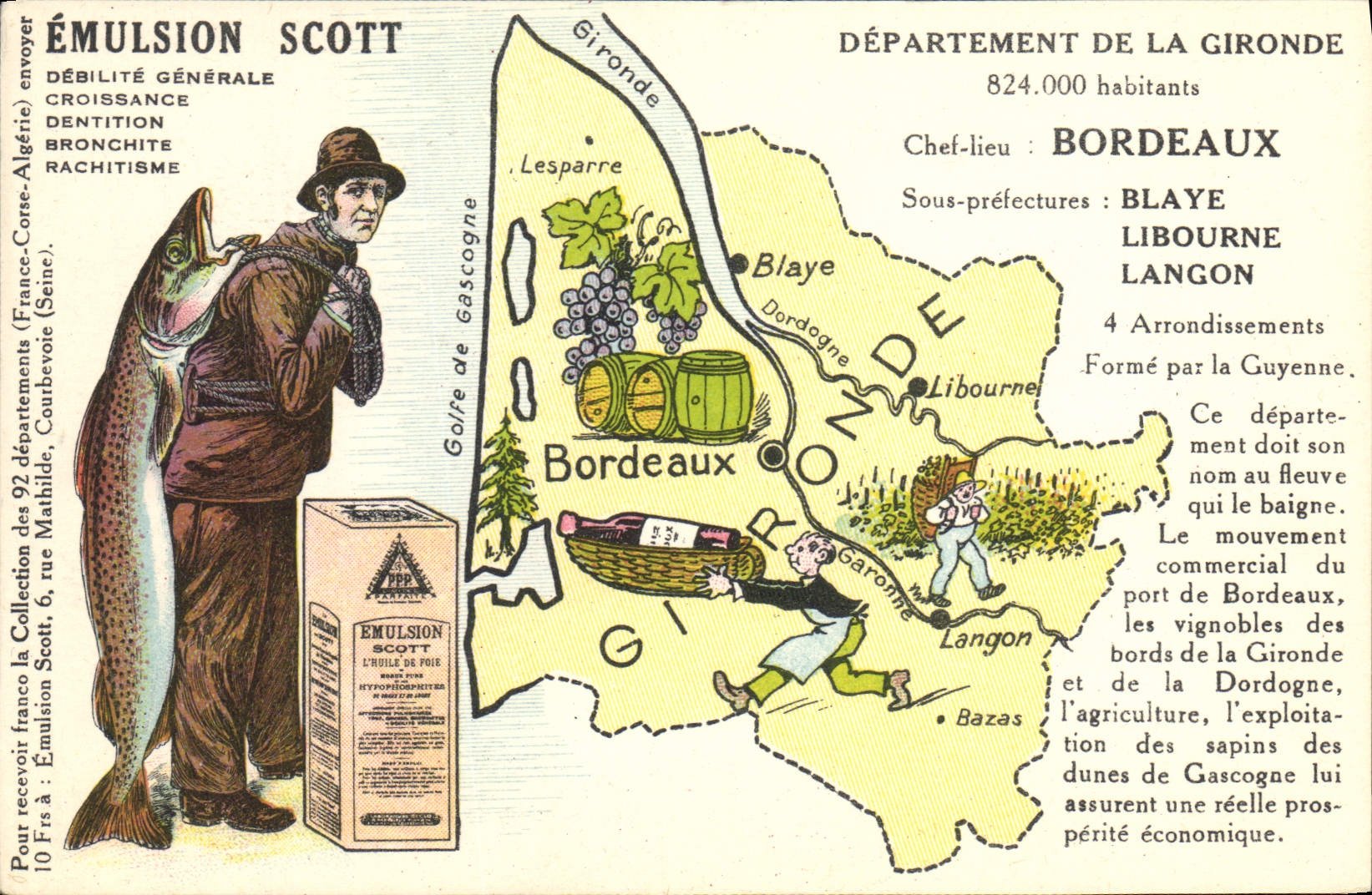 Département de la Gironde — carte publicitaire pour l'Emulsion Scott — éditeur Collection Scott