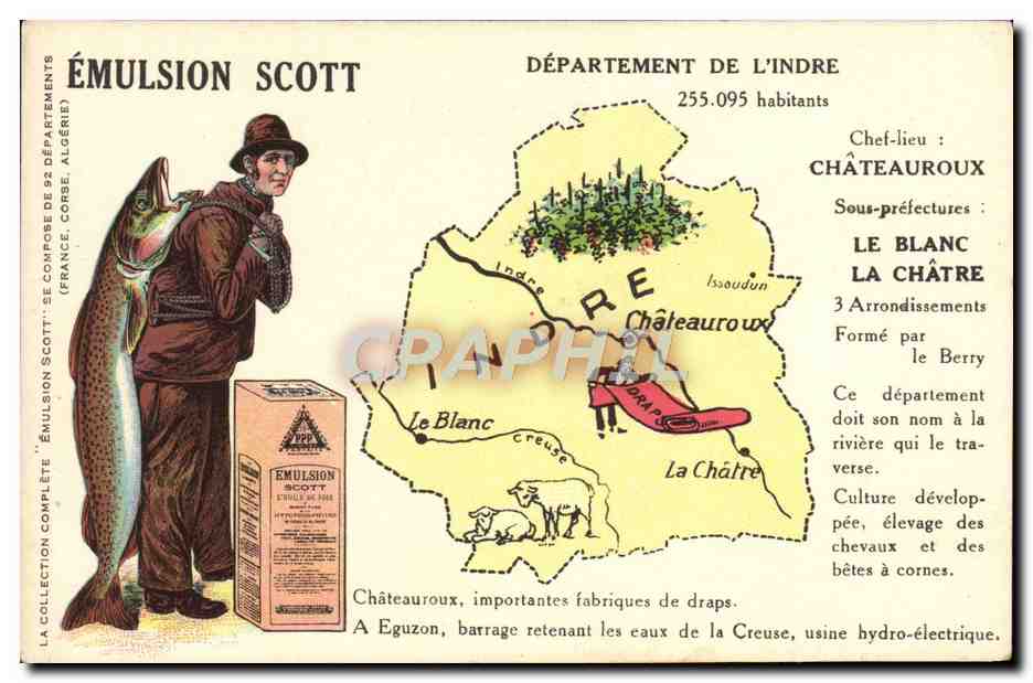 Département de l'Indre — carte publicitaire pour l'émulsion Scott — éditeur Émulsion Scott, n° de série 255.095