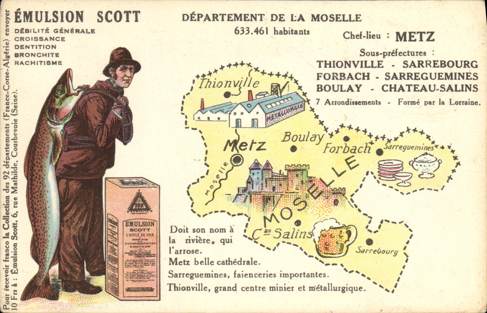 Département de la Moselle — carte administrative et publicitaire — Émulsion Scott