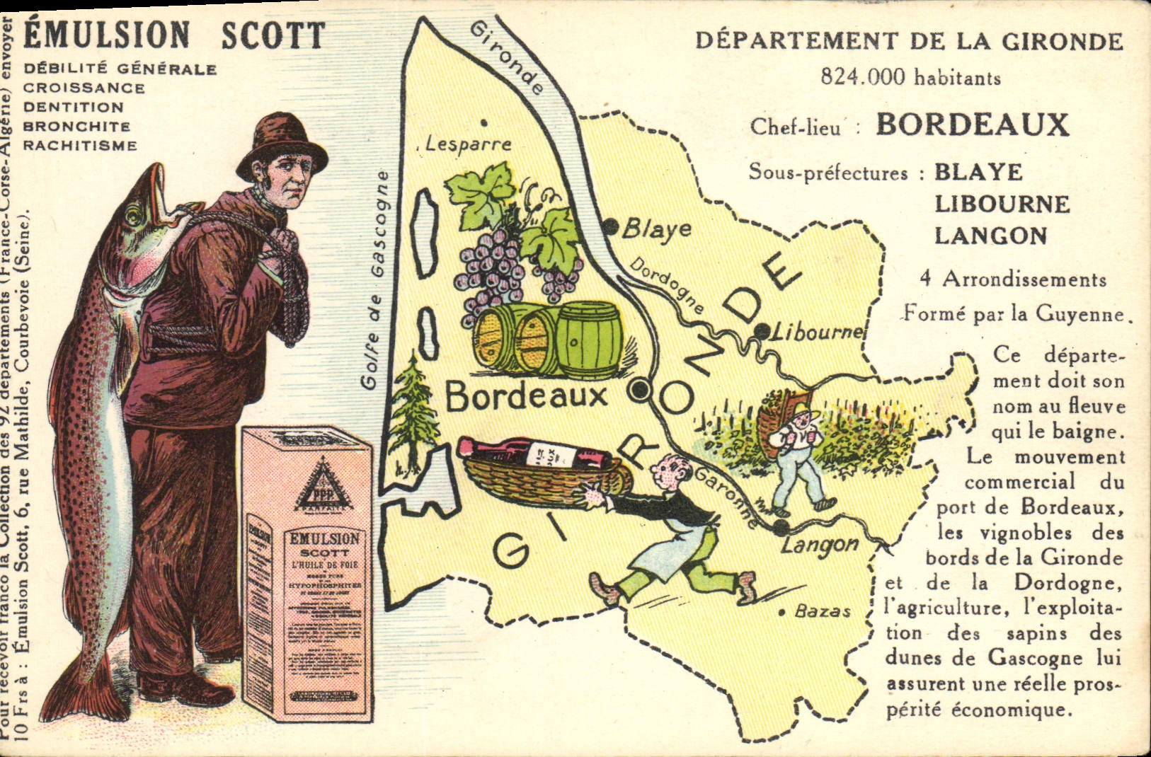 Département de la Gironde — carte publicitaire pour l'Emulsion Scott — éditeur non identifié