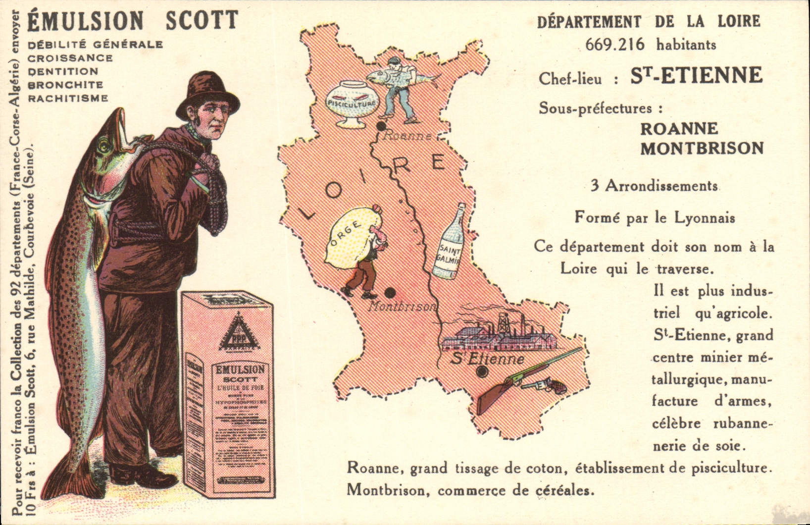 Département de la Loire — carte publicitaire pour l'émulsion Scott — éditeur Collection Scott