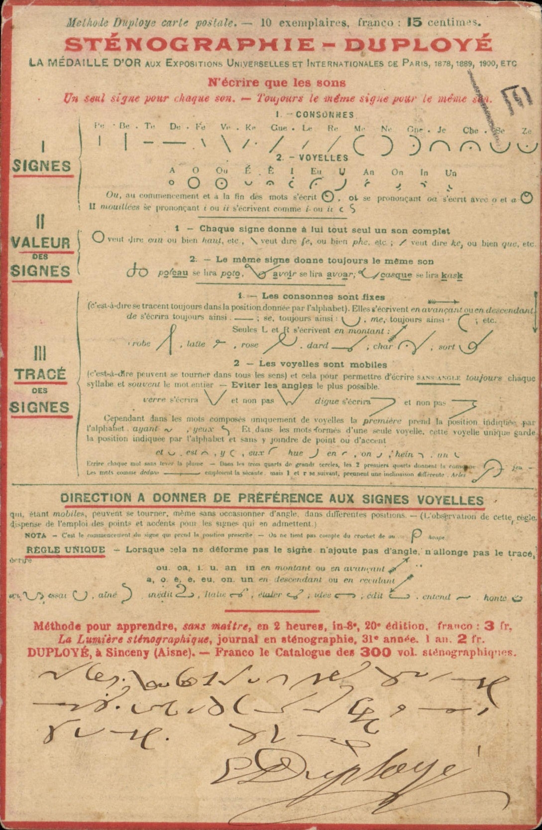 Sténographie - Duployé — Méthode sténographique avec signes et illustrations — éditeur Duployé, Sinceny (Aisne)