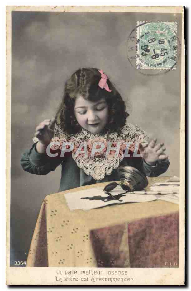 CPA Fantaisie Enfant Ecriture Plume Encrier