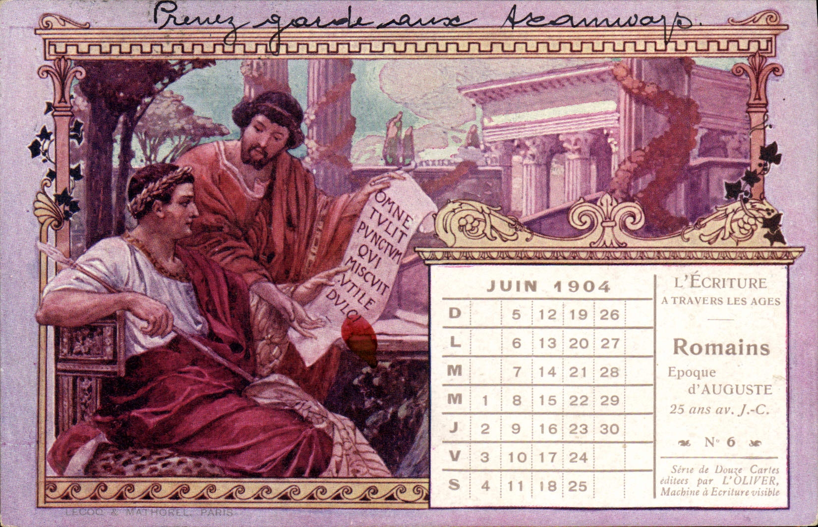 Écriture à travers les âges — Romains, Époque d'Auguste — Série de Douze Cartes, N° 6, éditée par L'OLIVER, Paris