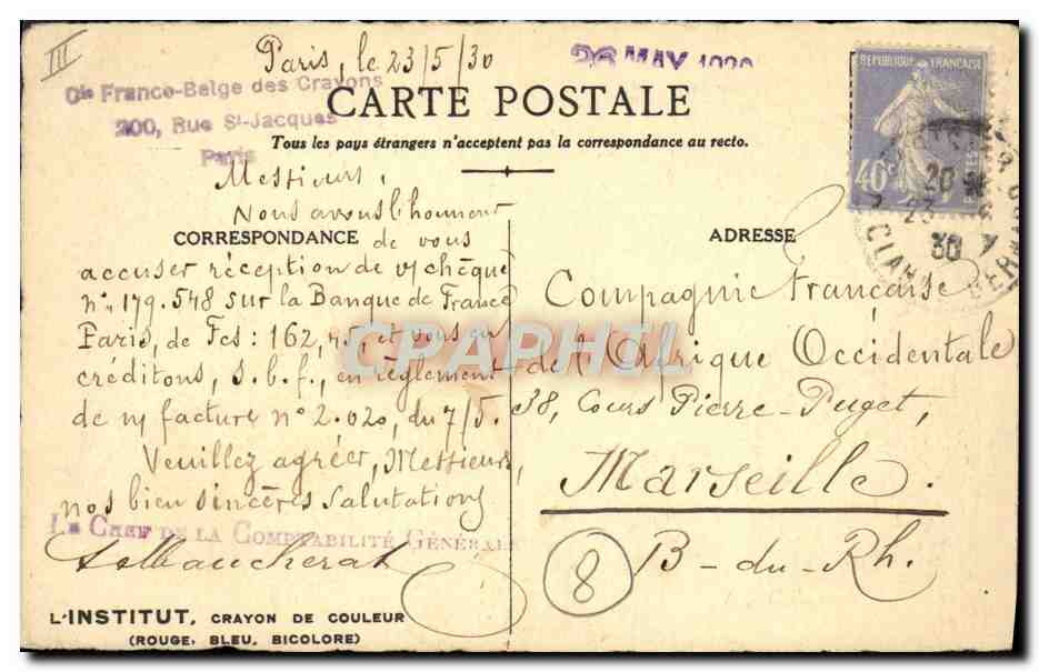 CPA Compagnie Franco belge des crayons Paris Trefilage des mines de graphite Rue St-Jacques Paris  — Rückseite