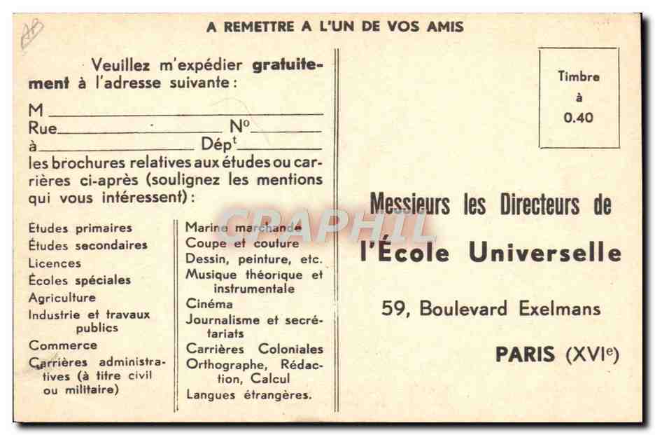 PARIS — ÉCOLE UNIVERSELLE — Inscription des élèves et expédition des cours. — Achterkant