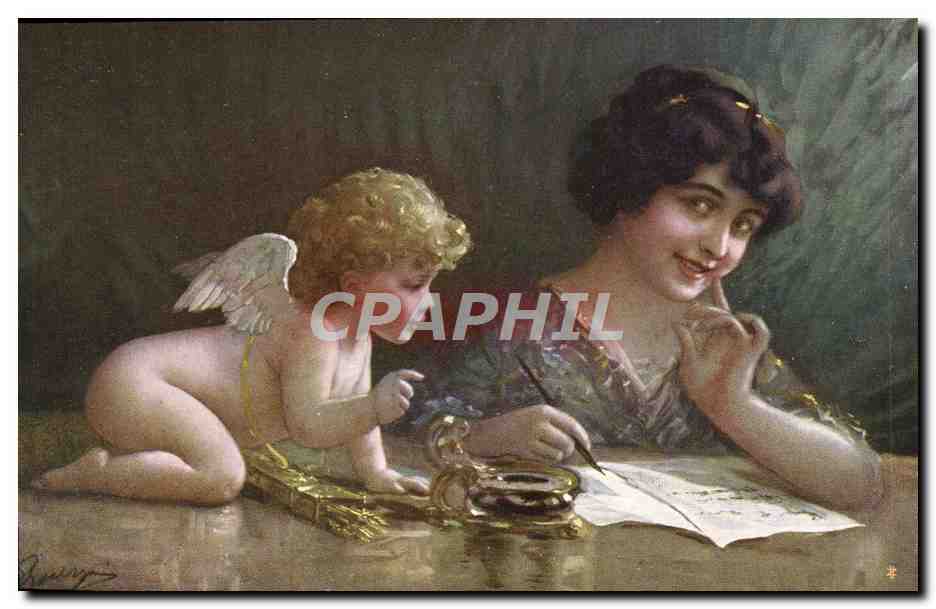 CPA Fantaisie Femme Ecriture Ange 