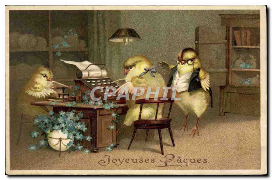 Chouettes Pâques — trois poussins en tenue d'officier dans un bureau — éditeur non visible