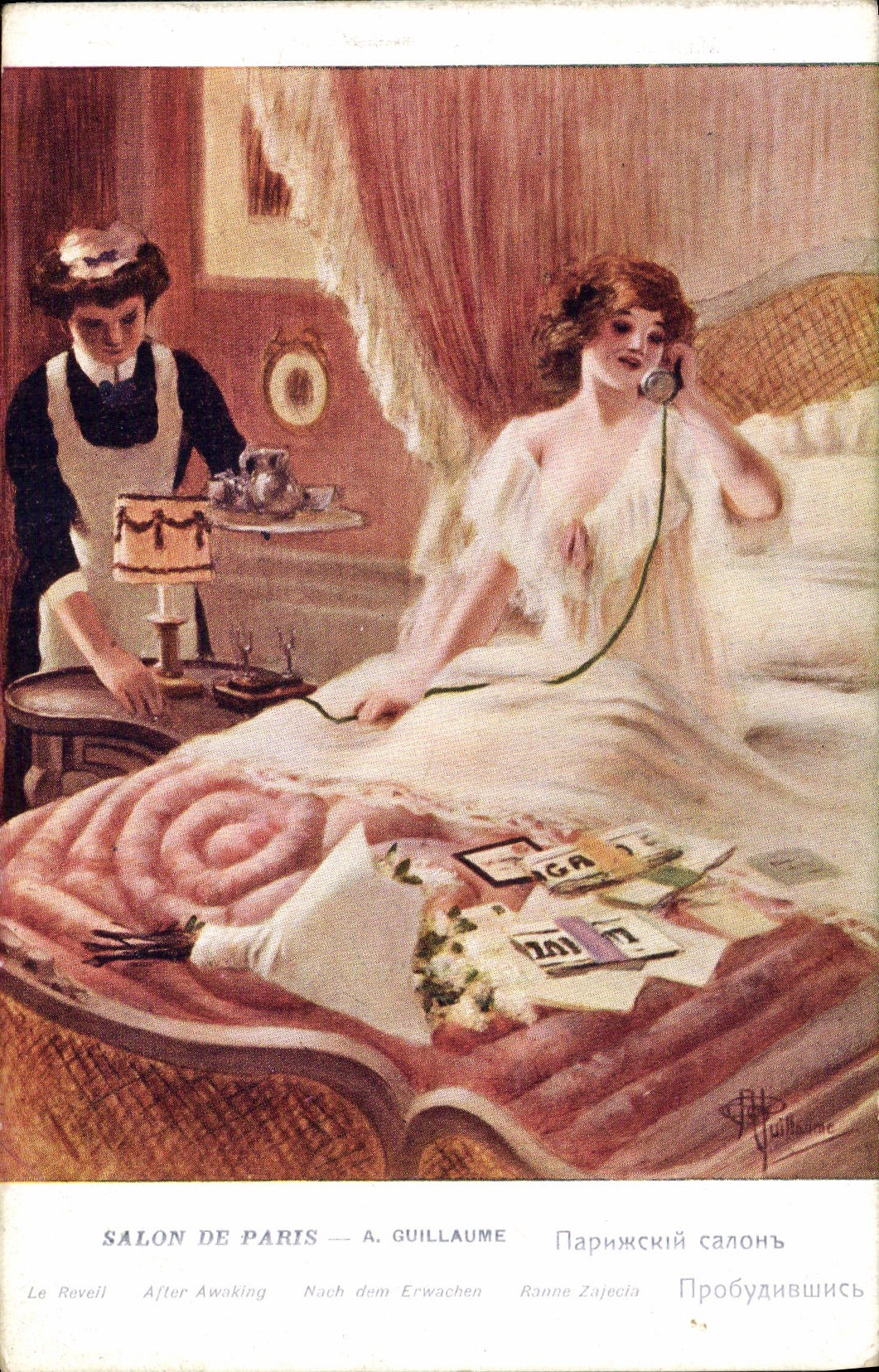 CPA Fantaisie Telephone Salon de Paris Guillaume Le reveil