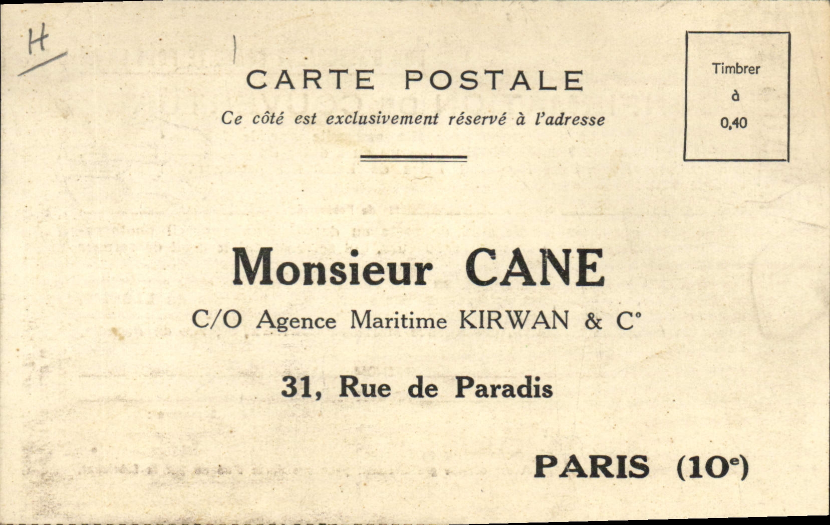 Carte postale d'assurance pour appareil photographique — Agence Maritime KIRWAN & C°, Paris