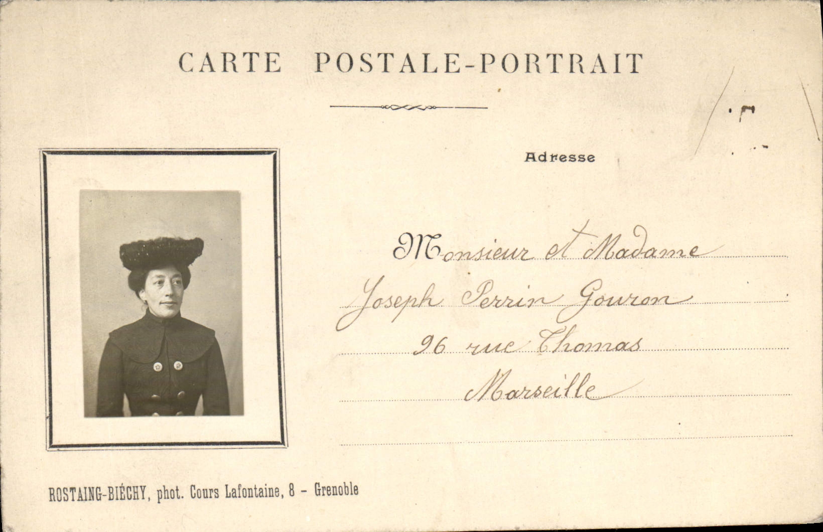 Cartolina d'epoca Cartolina d'epoca Ritratto Donna Joseph Perrin Gouron Rue Thomas Marsiglia Rostaing Biecht Cours Lafontaine Grenoble
