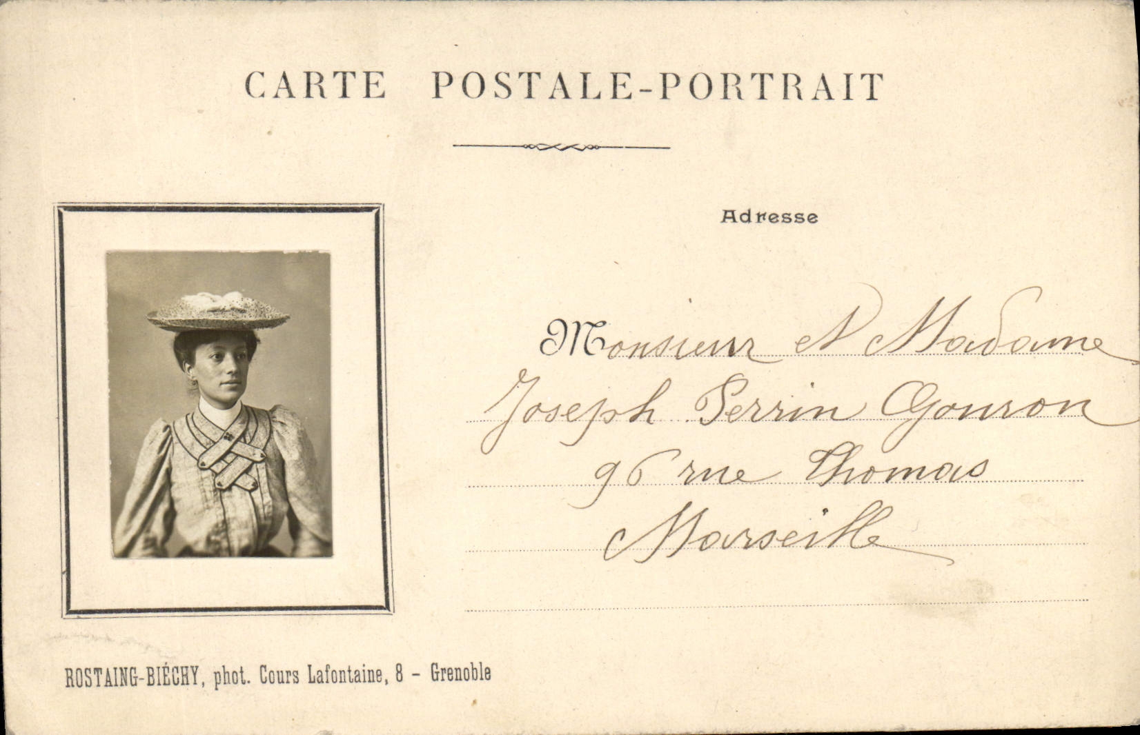Portrait d'une femme — Grenoble — ROSTAING-BIÉCHY, phot. Cours Lafontaine, 8 - Grenoble - Anverso