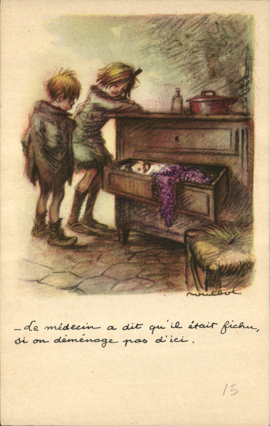 Deux enfants devant un coffre à linge contenant un enfant malade — illustration de Nielboit — série 15