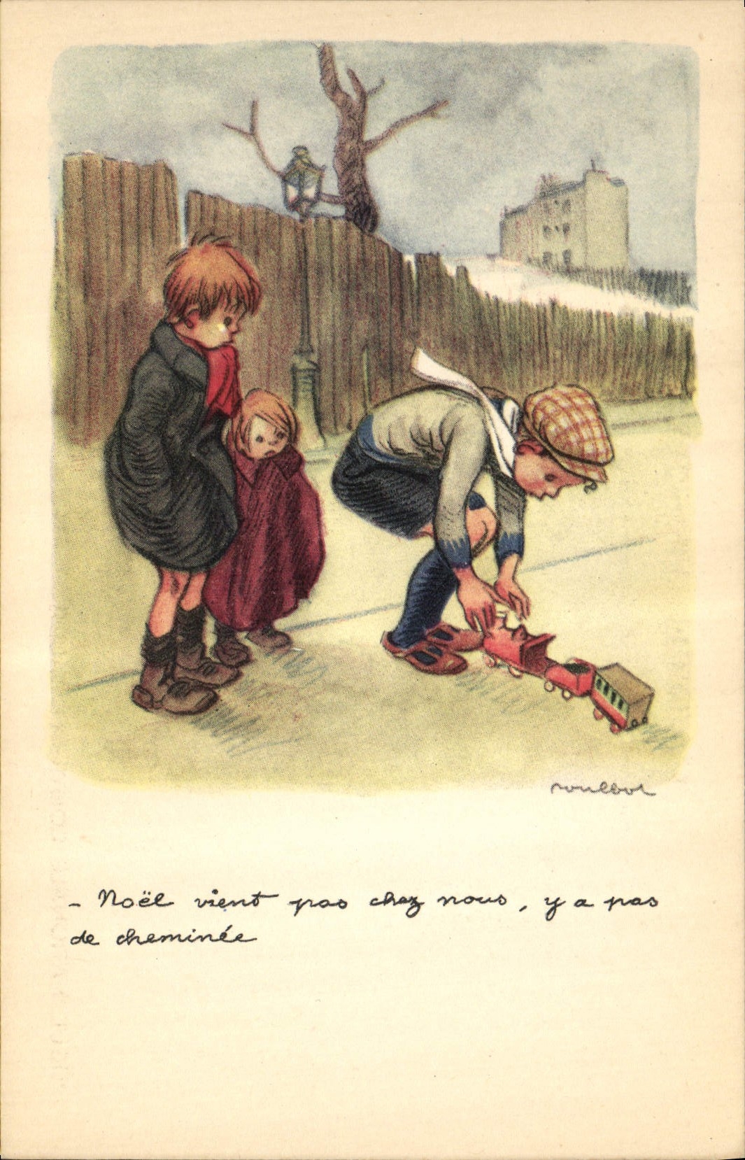 Enfants jouant avec un train de jouet — scène hivernale — A. Rampaña, Paris