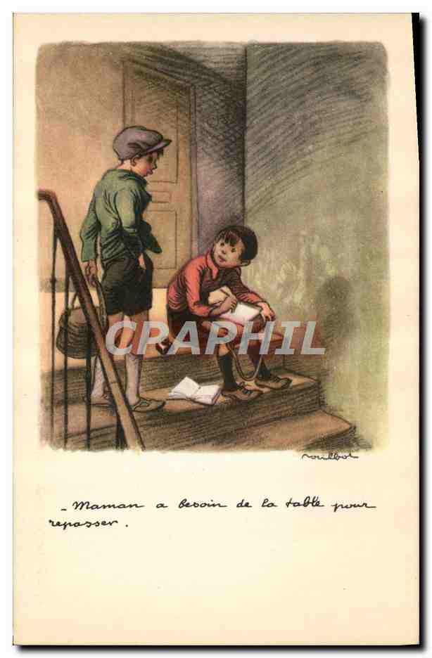 Deux enfants sur les escaliers — scène domestique — dessin de Noulbod