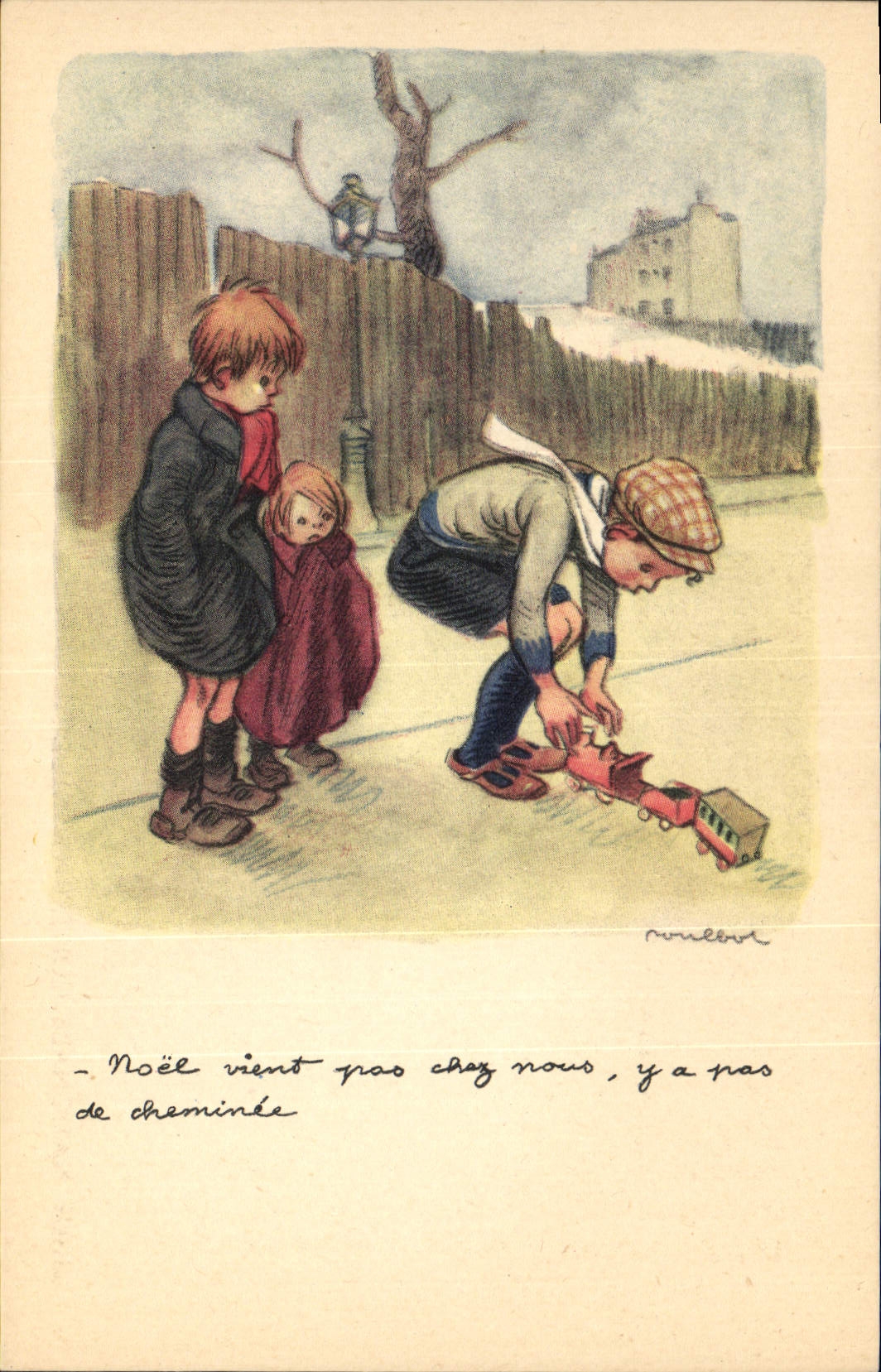 Enfants jouant avec un train — illustration de Roulout — Ligue Nationale Contre le Taudis