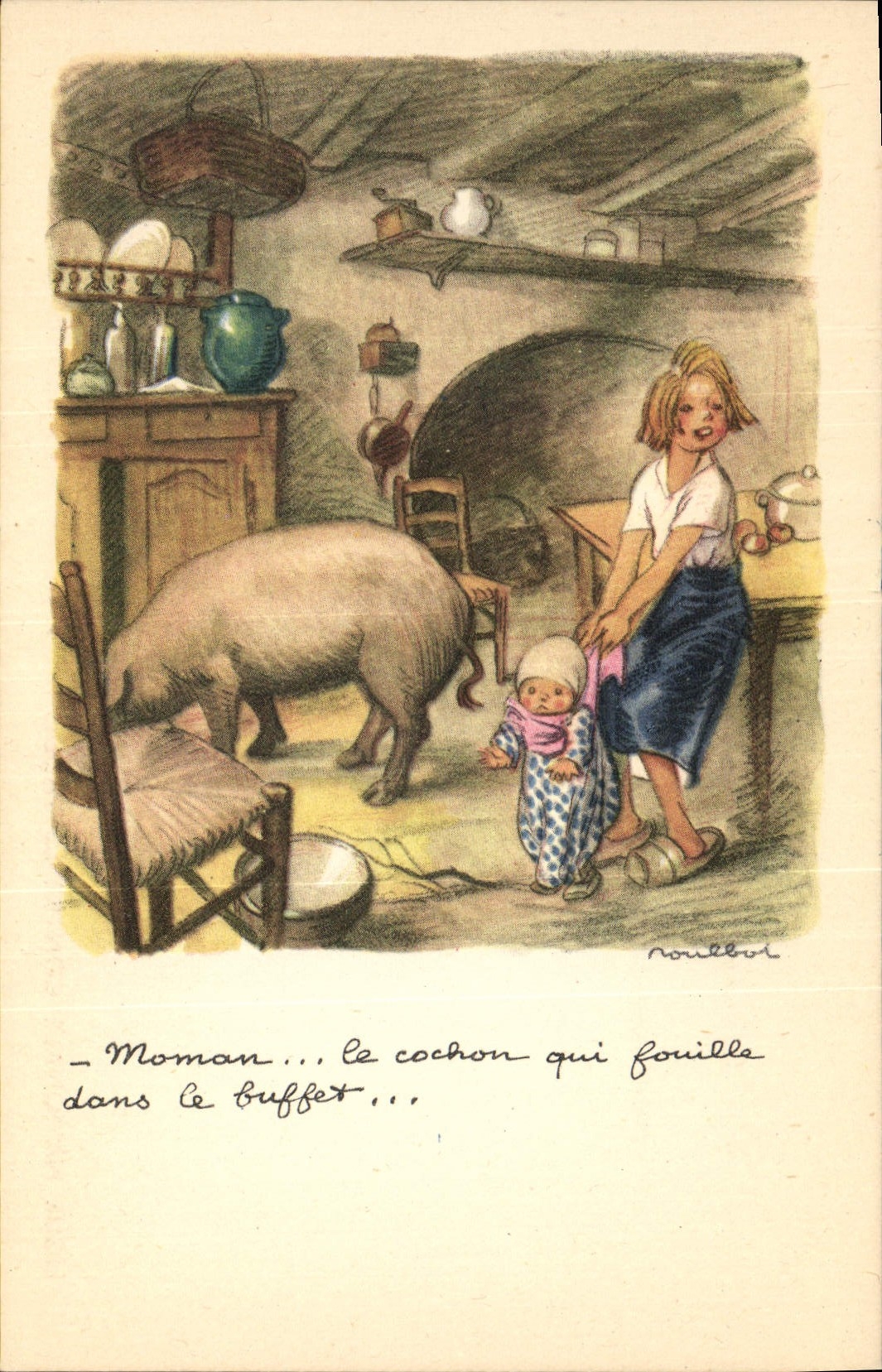 Maman... le cochon qui fouille dans le buffet... — illustration de Roullot — Ligue Nationale Contre le Taudis