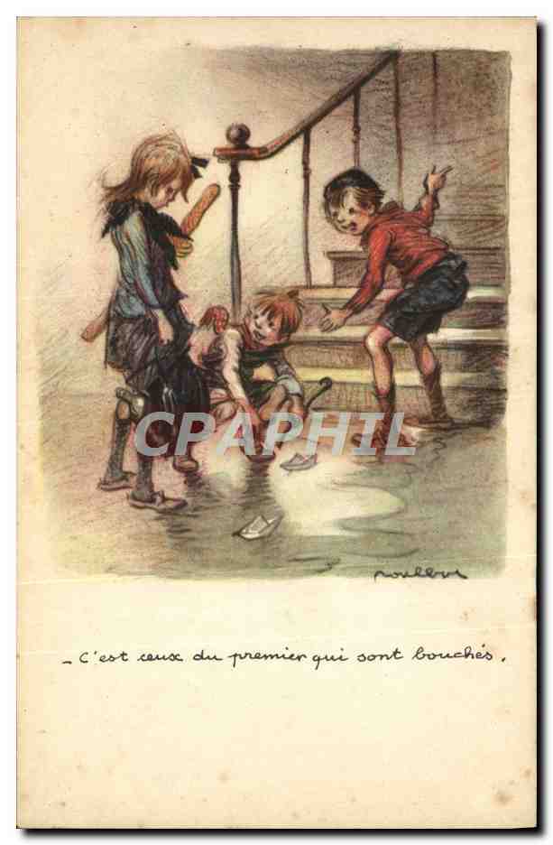 Enfants jouant dans une flaque d'eau — dessin de Poulleu — Ligue Nationale Contre le Taudis