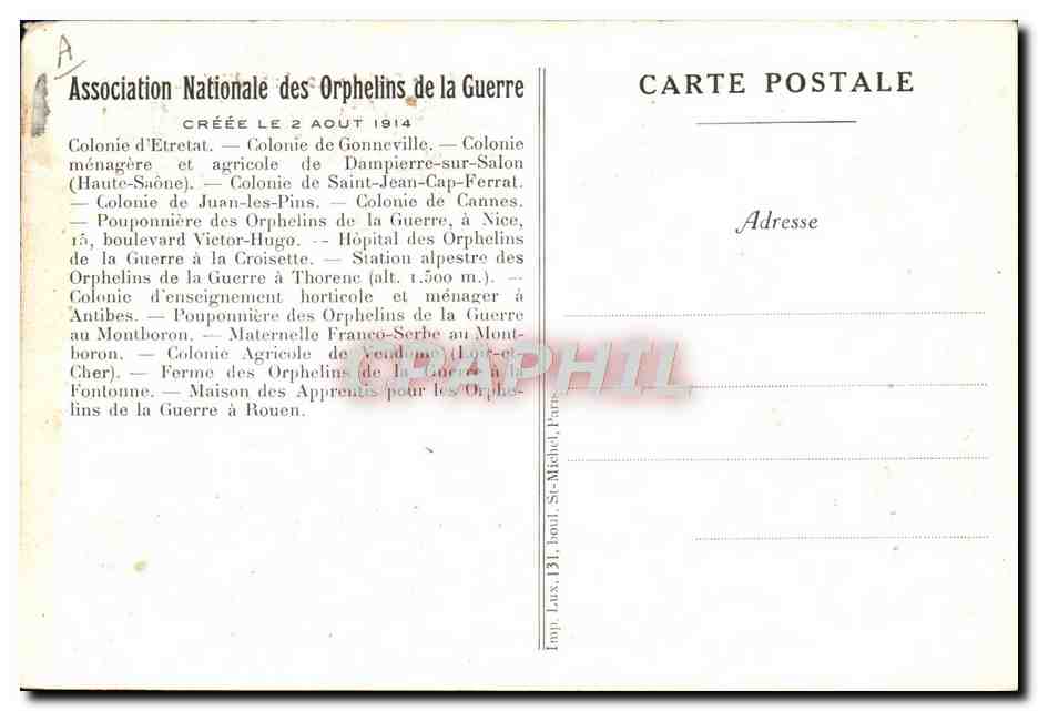 CPA Orphelins de Guerre Sur la plage de l'hopital des orphelins de guerre a la Croisette  — Rückseite