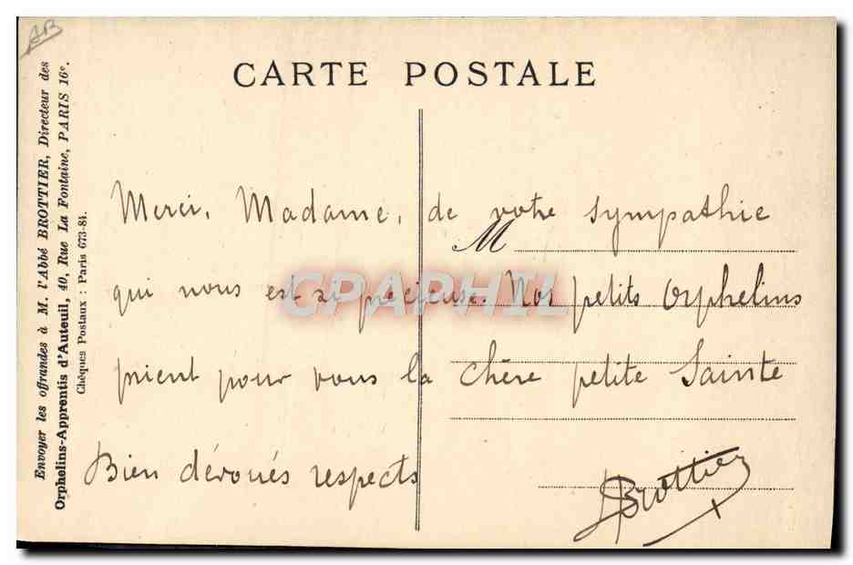 Pose de la Pierre de la Chapelle des Orphelins d'Auteuil — dédiée à la Bienheureuse Thérèse de l'Enfant Jésus — Photo Meurisse — Verso