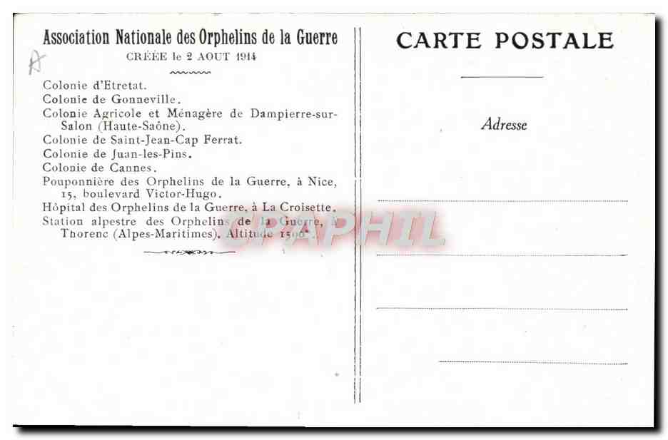 Tarjeta postal antigua Huérfanos de la guerra A la colonia agrícola y doméstica de Dampierre-sur-Salon El taller de costura de los huérfanos — Reverso
