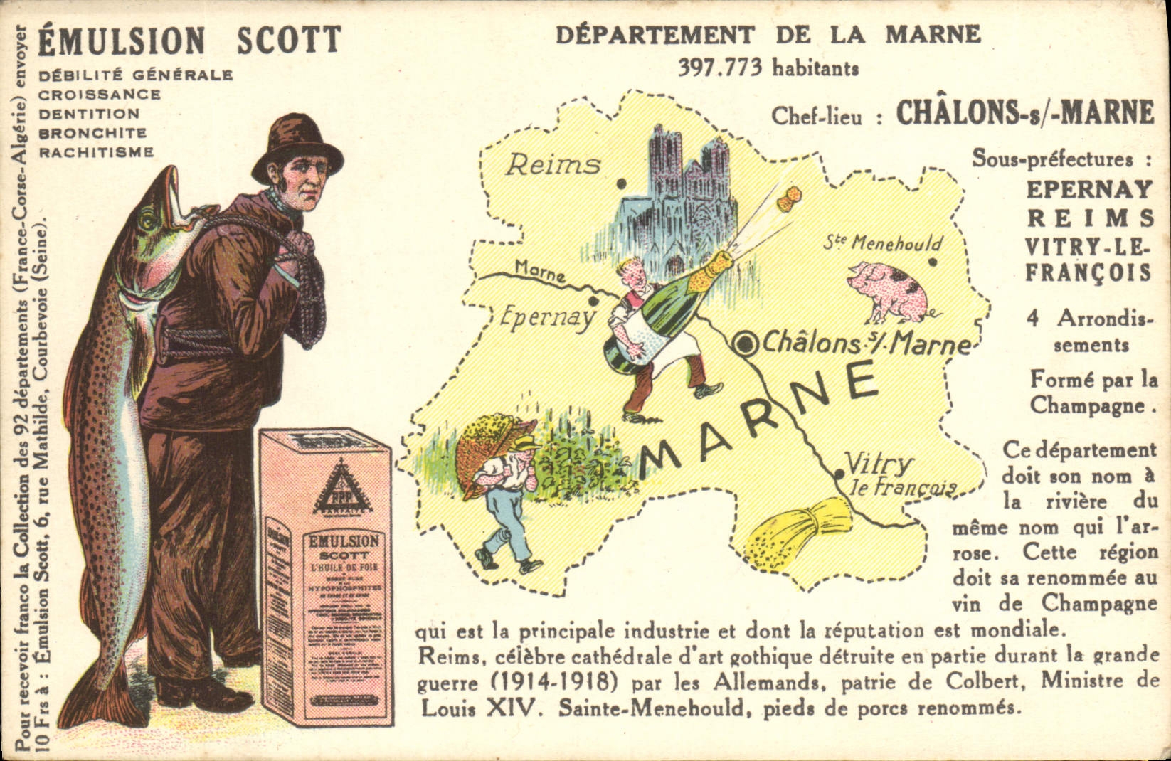 Département de la Marne — carte publicitaire pour l'Emulsion Scott — éditeur non visible